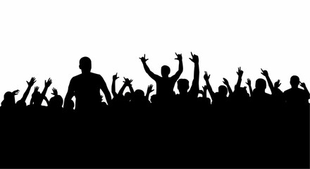 Cheering Concert Crowd Silhouette with Raised Hands on White Background, Music Festival Audience Vector Illustration

