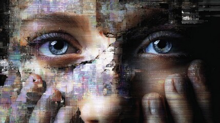 Close-up of a Woman's Face with blue eyes partially covered by her hand and digital glitch effects highlighting emotion and digital distortion