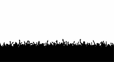 Cheering Concert Crowd Silhouette with Raised Hands on White Background, Music Festival Audience Vector Illustration

