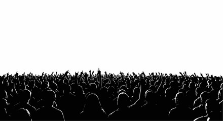 Cheering Concert Crowd Silhouette with Raised Hands on White Background, Music Festival Audience Vector Illustration

