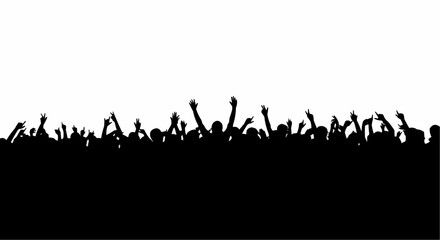 Cheering Concert Crowd Silhouette with Raised Hands on White Background, Music Festival Audience Vector Illustration

