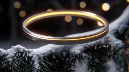 A ring with a glowing orange line is suspended in mid-air, appearing to float above a snowy landscape.