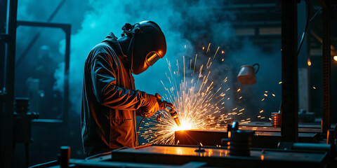 Close-up of industrial welder at work creating bright electric sparks while fusing metal in a modern fabrication workshop with protective gear, cinematic lighting, and intense manual precision