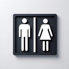 High-resolution vector illustration of a minimalist “Restroom” signboard, design features two simplified human pictogram icons, one male and one female, separated by a vertical line.