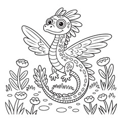 Cartoon dragon with wings in a garden coloring page style