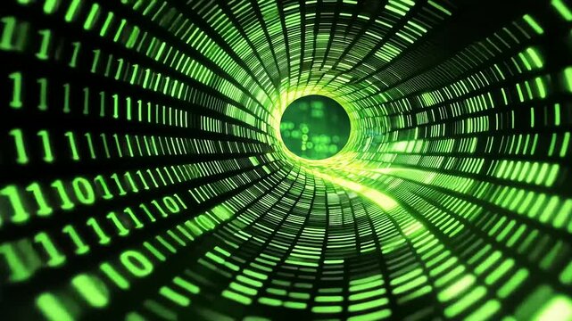 Abstract digital tunnel with flowing binary code in vibrant green, symbolizing data movement and technology