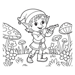 Coloring page of an elf playing flute in mushroom garden
