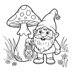 Illustration of a gnome with a lantern and a mushroom