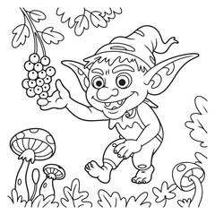 Cartoon elf with berries and mushrooms coloring page art