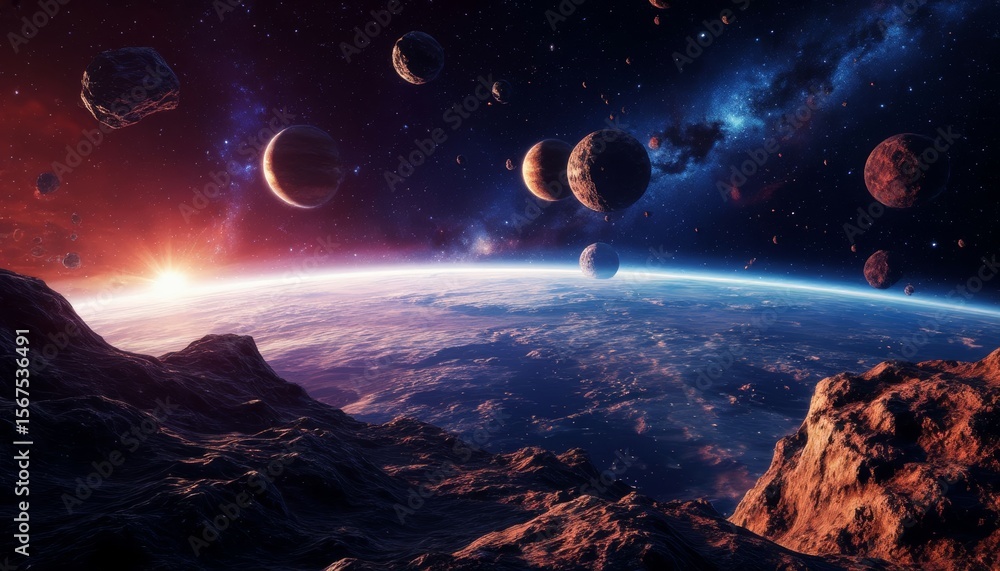 Poster a breathtaking view of the cosmos shows earth from space, illuminated by a distant sun. numerous pla