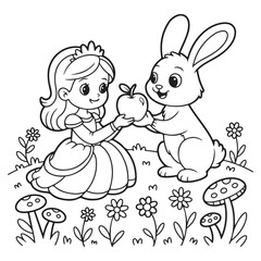 Princess offering apple to rabbit in garden coloring page