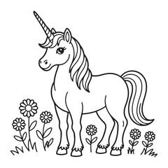 Outline drawing of a unicorn standing among some flowers