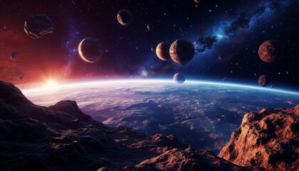 A breathtaking view of the cosmos shows Earth from space, illuminated by a distant sun. Numerous planets and asteroids populate the vastness of the universe, creating   3D, 4K.