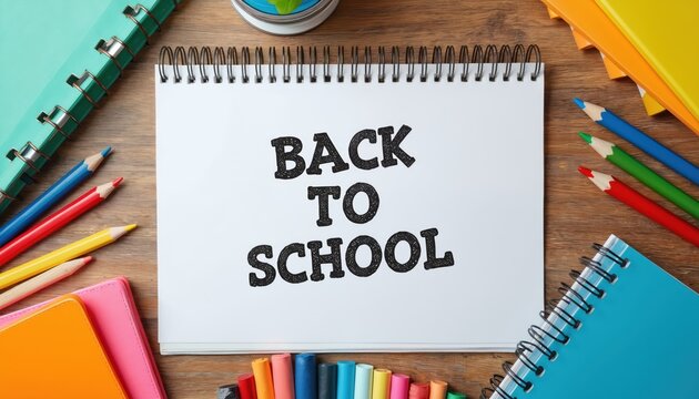 Colorful school supplies including notebooks, pencils, and chalks arranged on a wooden desk. A notepad displays BACK TO SCHOOL text, signifying preparation for learning and academic activities. - Powered by Adobe