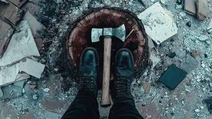 Axe and Boots on Tree Stump: Moody, Grungy Composition with Dark Tones