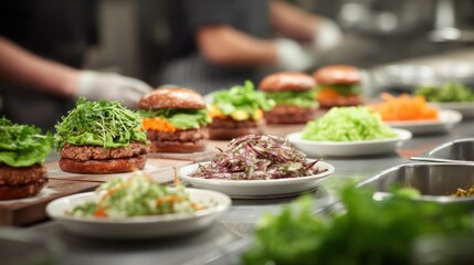 Obraz premium Gourmet burger assembly line (stacking ingredients)