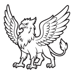 Outline drawing of a griffin with wings spread wide open