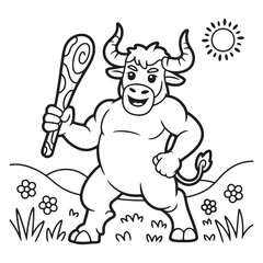 Cartoon minotaur holding club in black and white outline