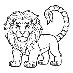 Cartoon lion with a scorpion tail outline illustration