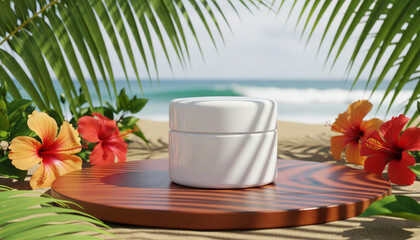 Tropical Skincare Cream Jar Displayed on Wooden Pedestal with Hibiscus Flowers by the Beach