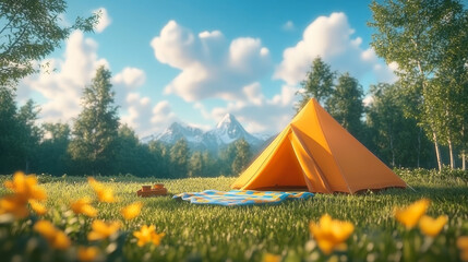 Camping tent and picnic on the grass in an outdoor park