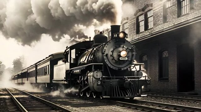 Vintage steam locomotive train with smoke moving old railway track near brick building foggy weather sepia tone vintage old steam train track smoke