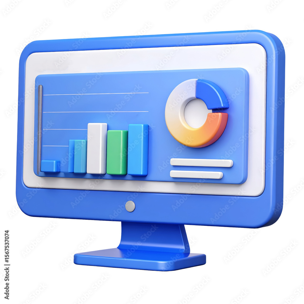 Poster 3d illustration computer monitor with colorful bar chart, pie chart, and data visualization elements