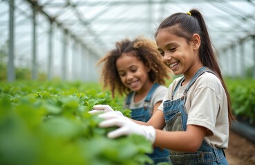 Obraz premium Diverse group of happy multicultural children learn gardening in greenhouse. Smiling teenage boys, girls wearing overalls work together with plants. Friendship, teamwork in organic farm education.