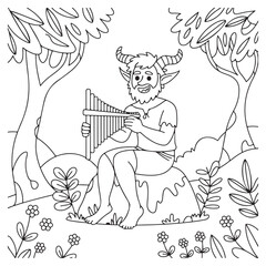Outline drawing of faun playing flute in forest setting