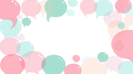 Collection of semi-transparent pastel speech bubbles in soft pink, light green, and pale blue arranged in a layered border around a central white space, 