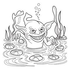 Monster emerging from water coloring page illustration