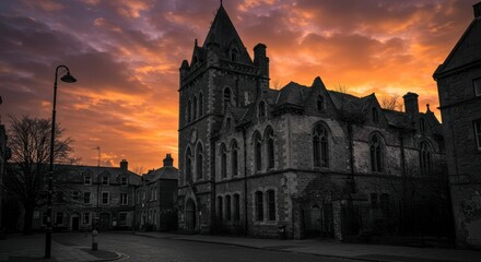 Historic building at dawn, dramatic sky