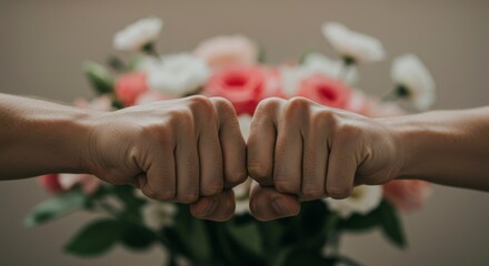 Two fists in solidarity, with flowers