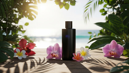 Black Cosmetic Bottle Mockup on Tropical Beach with Flowers – Luxury Skincare and Beauty Packaging Concept