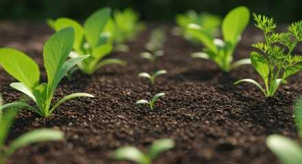 Young vegetable seedlings emerge from dark soil, showcasing vibrant green leaves and early growth in a garden bed
