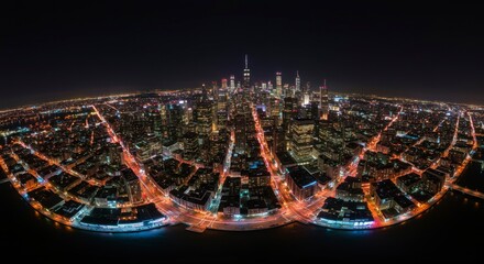 Aerial night view of illuminated city skyline, showcasing intricate street patterns and urban glow