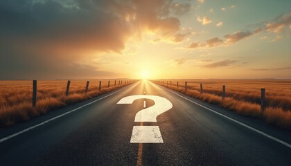 Question mark painted on empty highway at sunset symbolizes uncertainty choice future path. Business strategy decision career path challenges opportunities. Dramatic sky over dry grass fields.