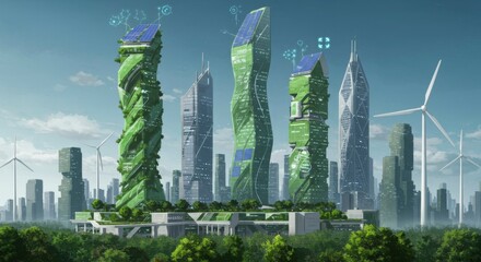 Eco-friendly futuristic city with green skyscrapers, wind turbines, and solar panels