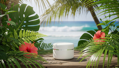 White Cosmetic Jar Mockup on Tropical Beach with Palm Leaves and Flowers – Natural Skincare Product Concept