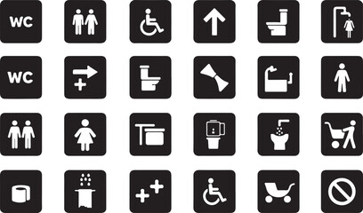 A flat vector icon set for web design, featuring black toilet symbols and essential business arrows