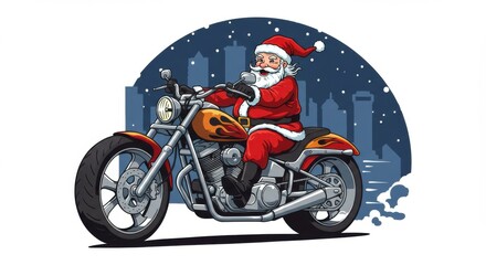 Jolly, bearded man in red suit rides a custom chopper motorcycle against a cityscape backdrop