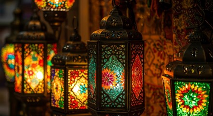 Colorful, ornate lanterns illuminate a dimly lit space, showcasing intricate glasswork and metal designs