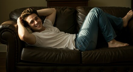 Relaxed young man smiles, lounging barefoot on a brown leather couch in a sunlit room