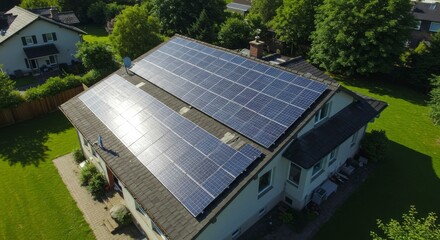Aerial shot showcasing solar panels installed on a residential home's roof, surrounded by lush greenery