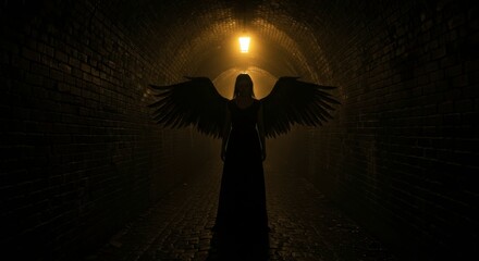 A shadowy figure with large black wings stands in a dimly lit brick tunnel, shrouded in mist