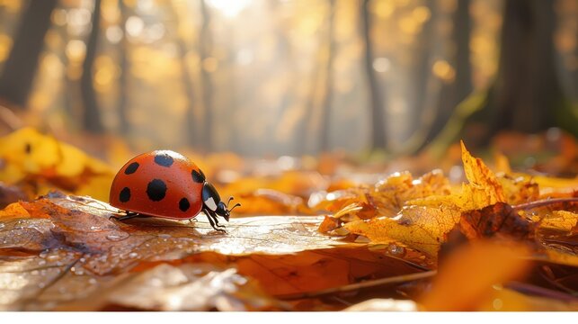 Ladybug on autumn leaves