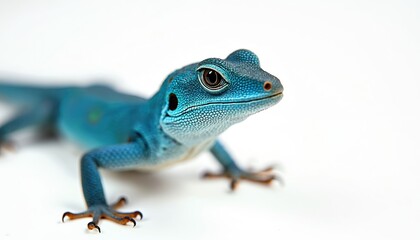 Fototapeta premium Vibrant turquoise lizard rests indoors against clean white background. Reptile features intricate blue skin with subtle green spots, detailed scale pattern. Perfect for wildlife, nature, exotic pet