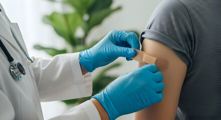 Healthcare Professional Applies Protective Bandage After Vaccine Injection on Patient's Arm