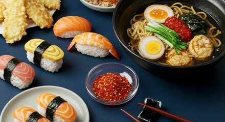 Assorted Japanese cuisine including sushi, tempura, ramen
