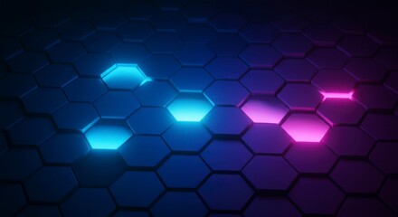 Glowing hexagons form a pattern, with vibrant blue and pink accents.  A dark, futuristic background is shown